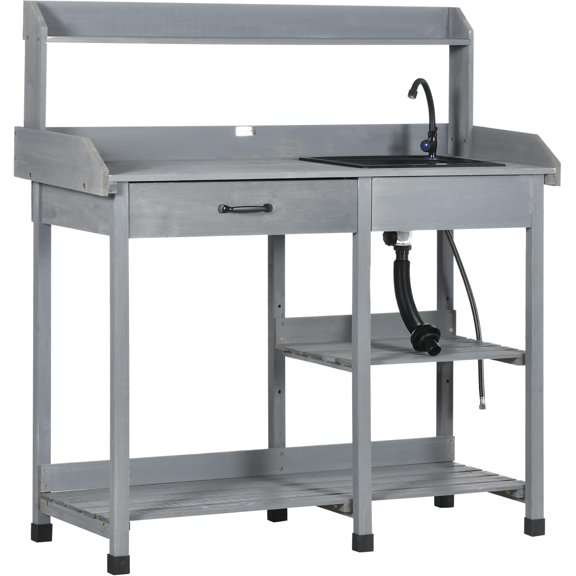 SSyao Potting Bench Table, Outdoor Wooden Garden Workstation with Removable Sink, Faucet, Storage Drawer, Shelves & Tool Hooks, Gardening Table for Patio, Backyard, Greenhouse, Planting Tasks,Gray