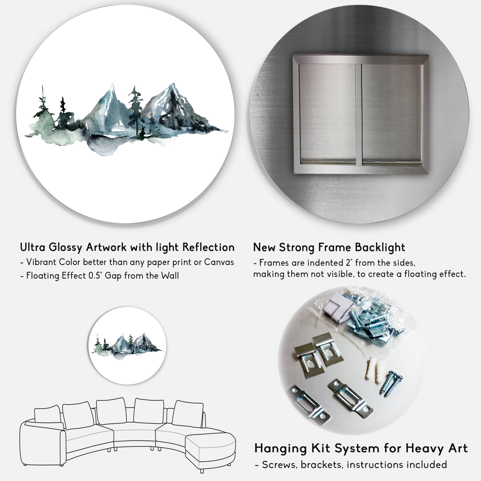 Designart 'Minimalistic Fir Forest and Winter Mountains III' Modern Circle Metal Wall Art 29x29 - Disc of 29