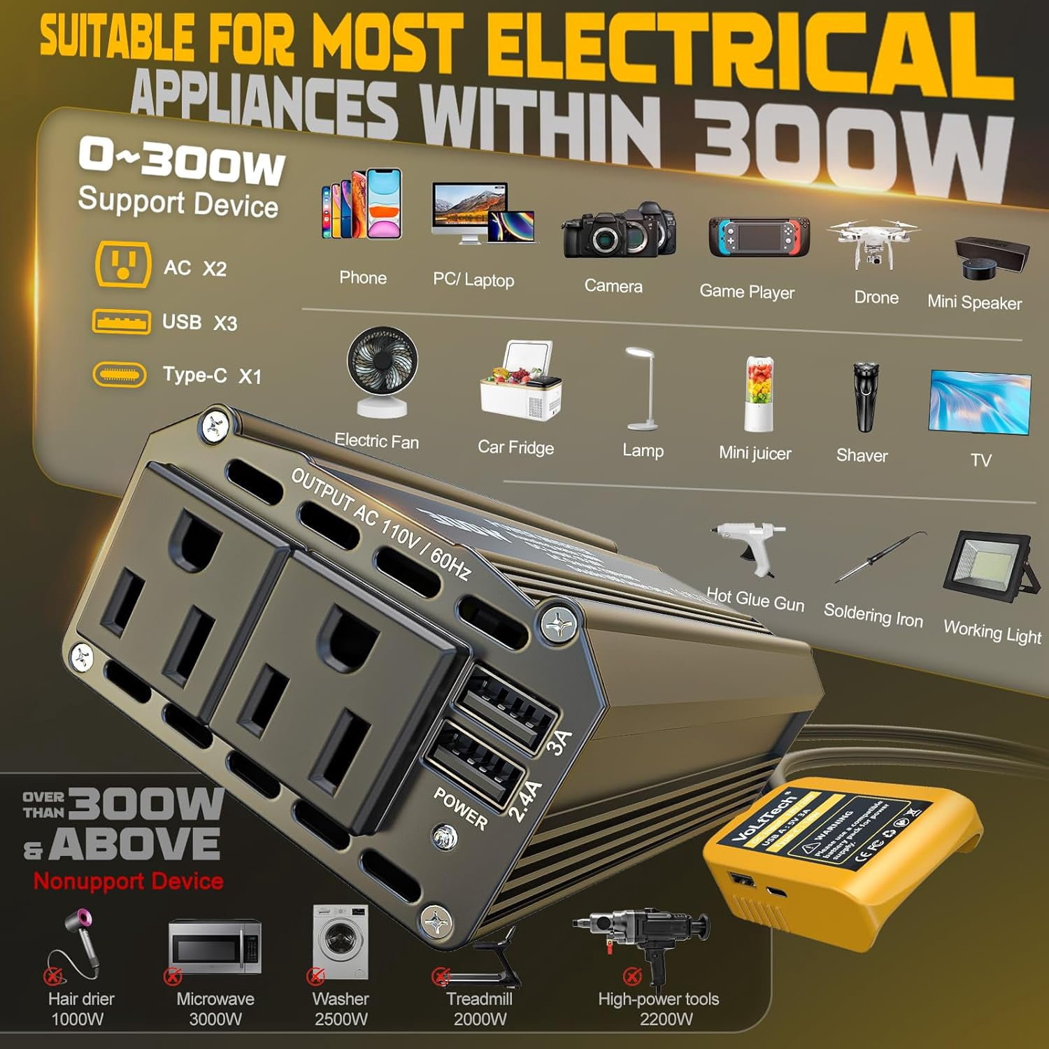 Power Inverter Compatible with De*walt 20V Battery,300W Portable Outdoor Battery Converter with 3USB 1Type C&2AC Outlets, Converting DC 18V/20V to AC 110V-120V, for Camping, RV, and Emergency Power