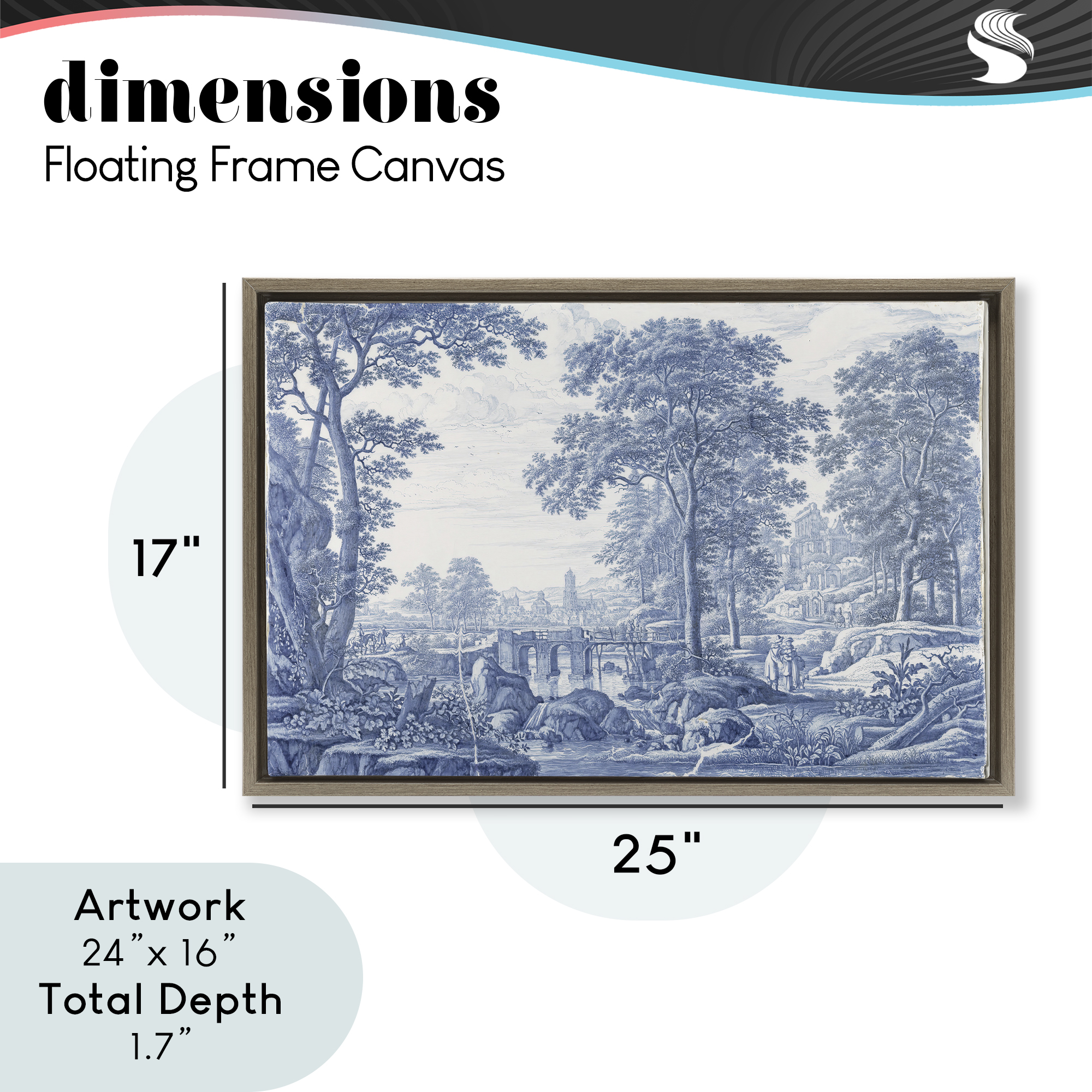 Vintage Blue Tinted Toile Brown Framed Floater Canvas Wall Art, design by Vintage Hustle