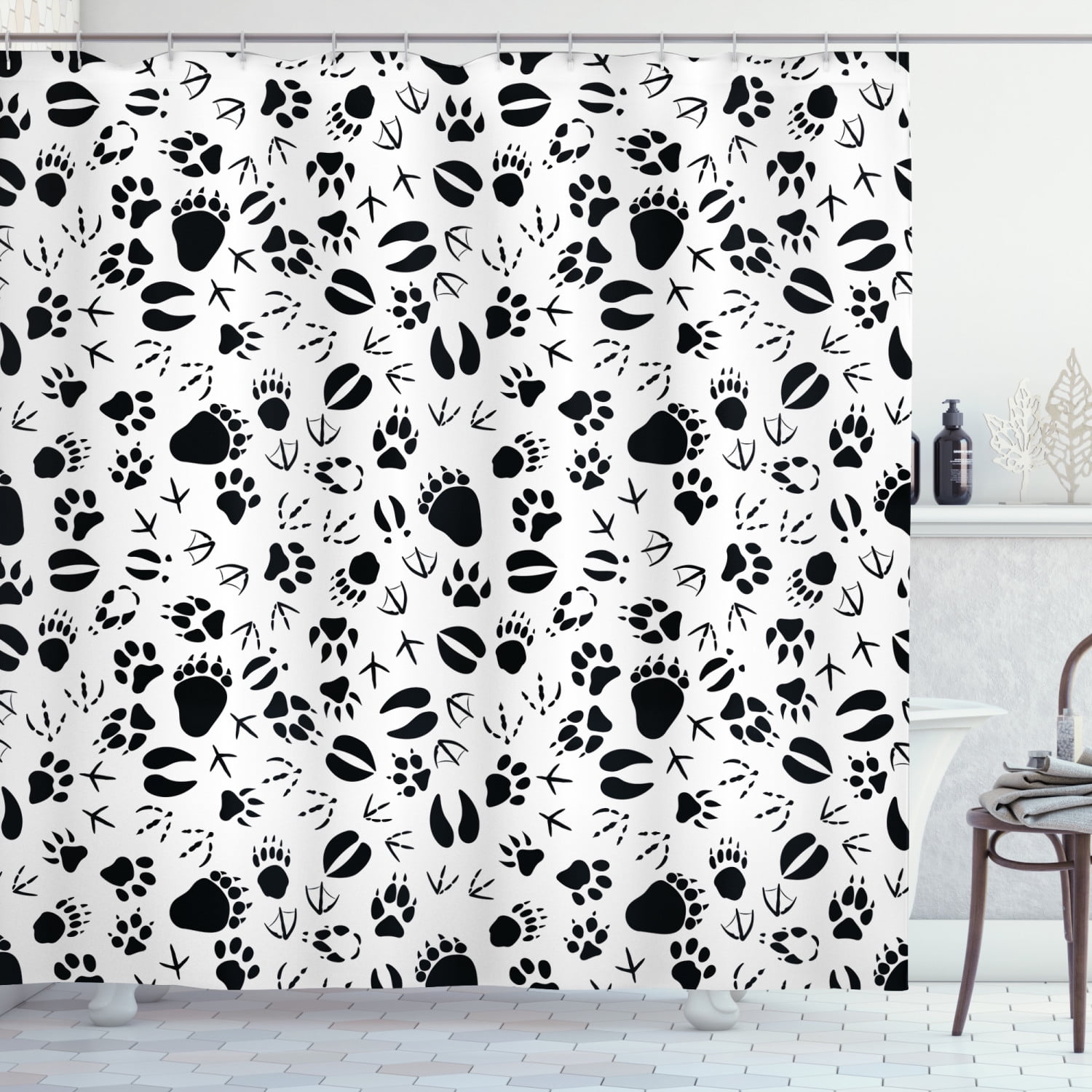 Wildlife Shower Curtain, Pattern of Black Tracks Paws bed Bird