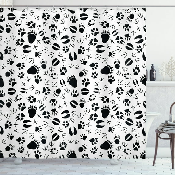 Wildlife Shower Curtain, Pattern of Black Tracks Paws Webbed Bird Mammal Leaving Footprints Step Marks, Fabric Bathroom Set with Hooks, 69W X 75L Inches Long, Black and White, by Ambesonne