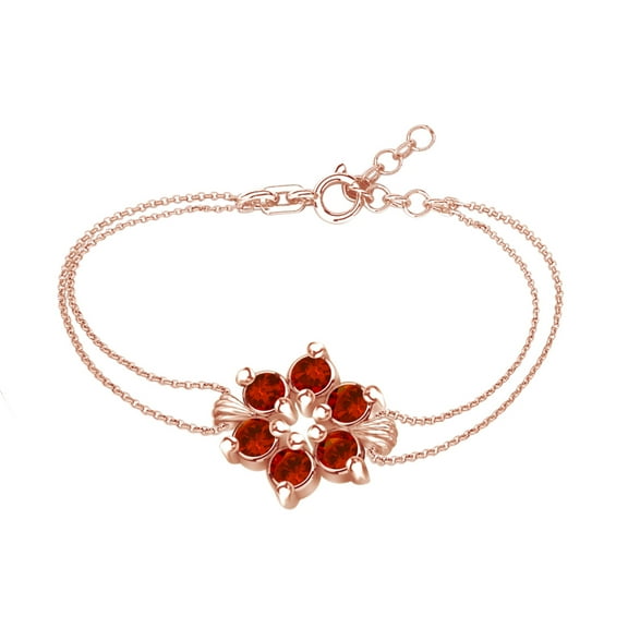 AFFY Round Shape Simulated Garnet Flower Chain Bracelets In 14k Rose Gold Over Sterling Silver -8.5"