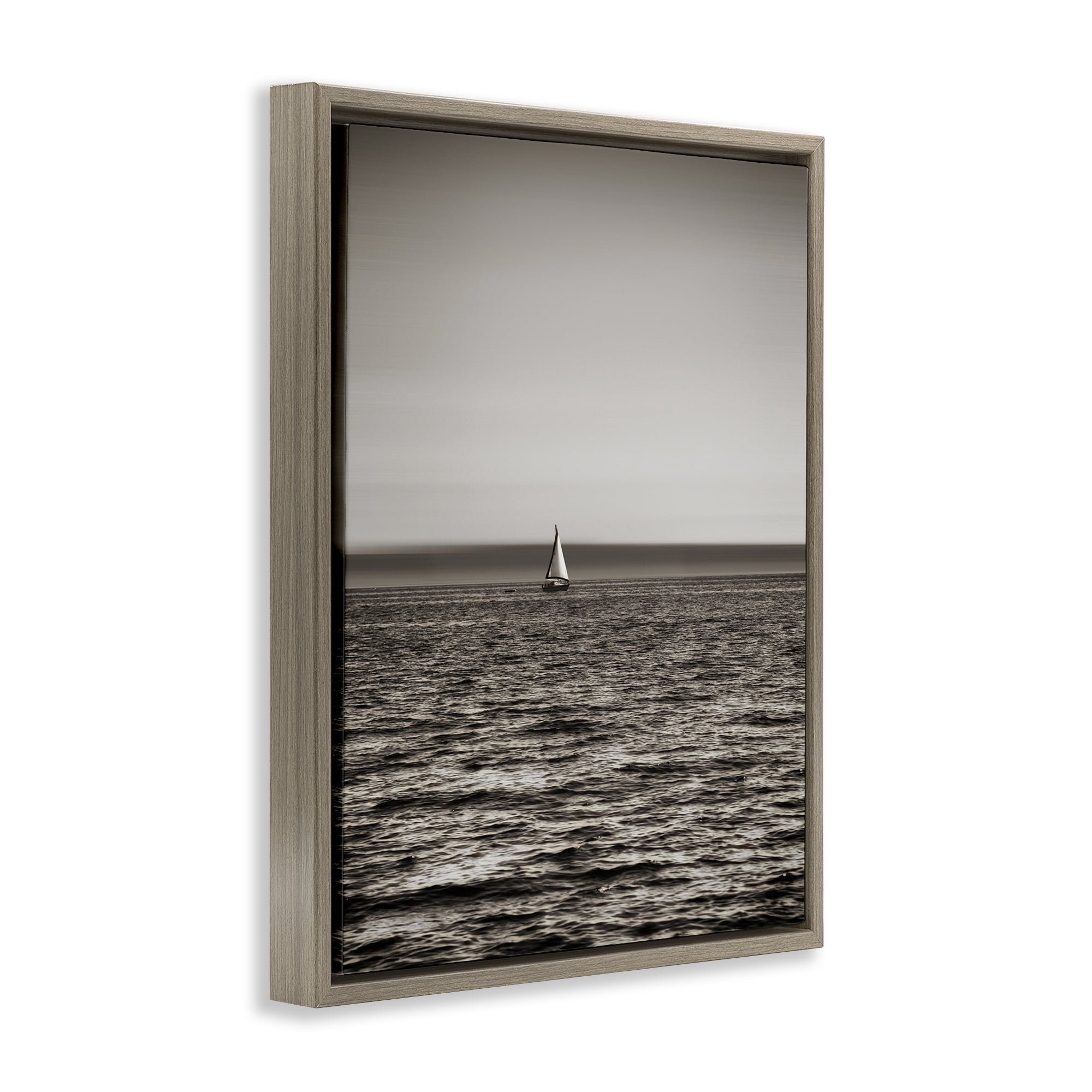 Stupell Industries Lone Distant Sailboat Coastal Photography Brown Floater Framed Canvas Art Print Wall Art, 17 x 21