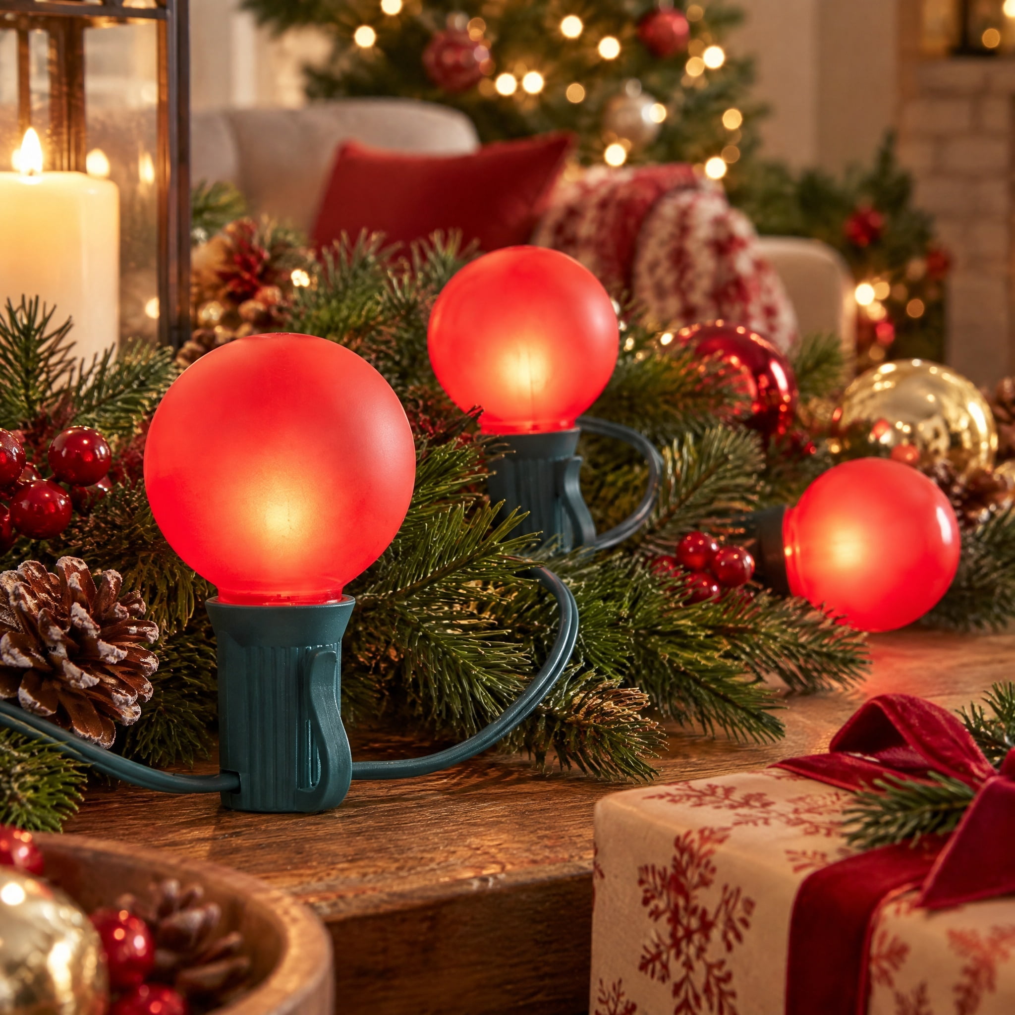 Indoor/Outdoor 90-Count LED G15 Globe Christmas Garland Lights, Frosted Red, Green Wire, 9', by Holiday Time