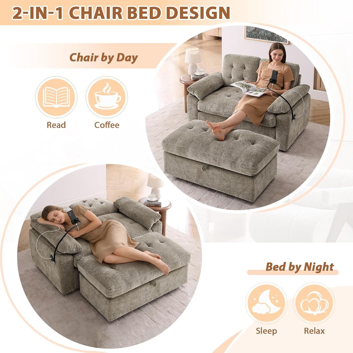 MOONMISS Oversized Chaise Lounge Chair Indoor with Ottoman&Adjustable Backrest,Chenille Tufted Recliner Sofa Chair with USB&Phone Holder,Convertible Sleeper Couch Bed for Living Room,Brown