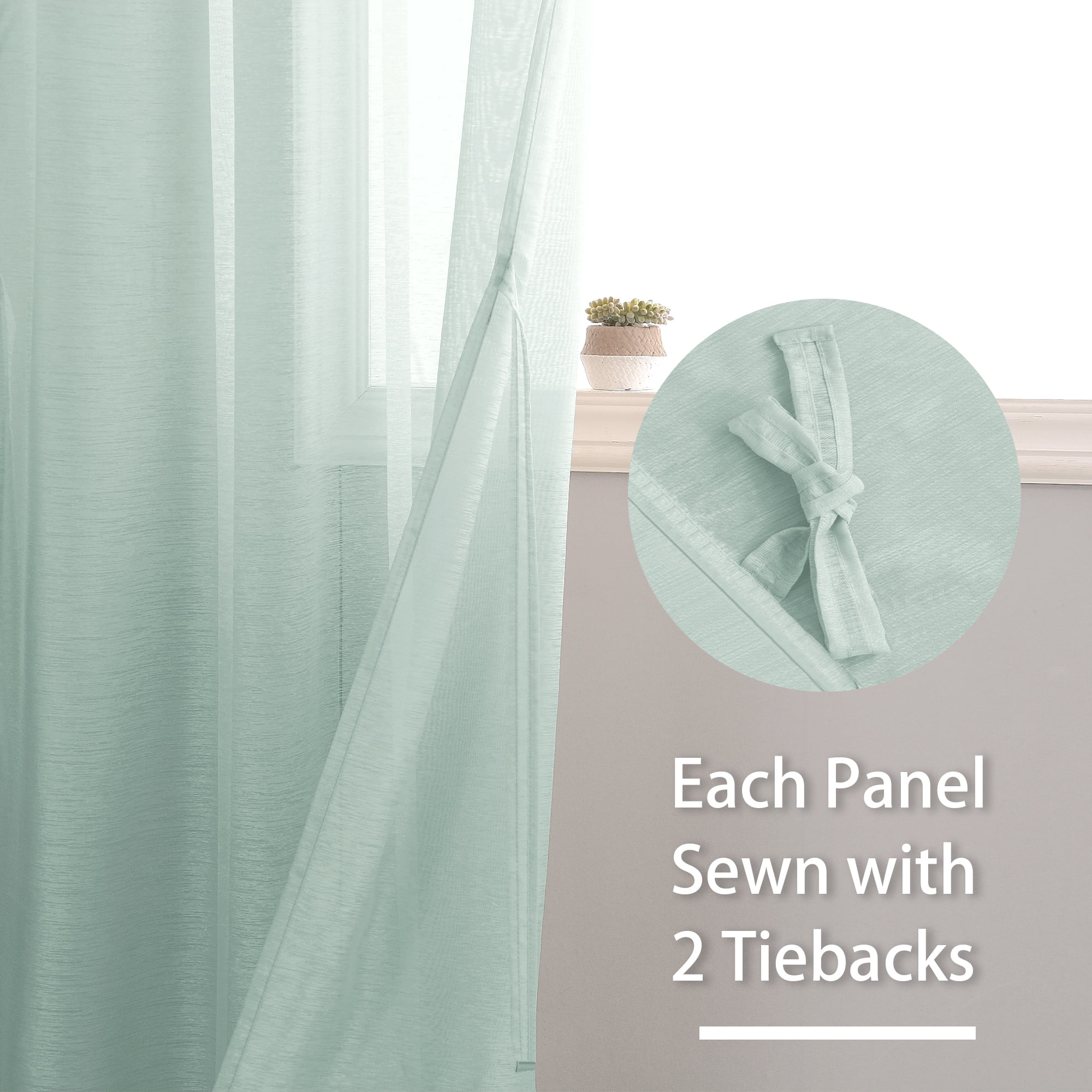 JIUZHEN Semi Sheer Curtains with Tiebacks, Light Filtering Semi Transparent Voile Rod Pocket & Back Tab Window Drapes for Balcony & Garden, Set of 2, W52x L96 inch Length, Bean Green