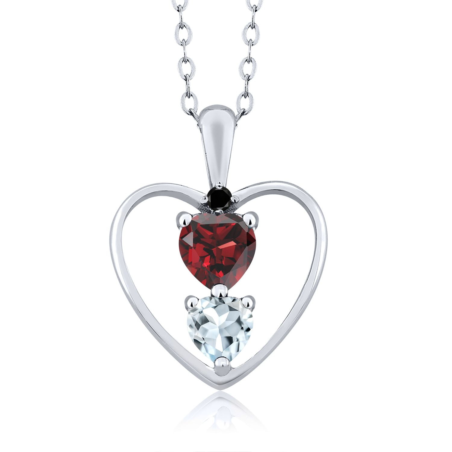 Gem Stone King 925 Sterling Silver Red Garnet Sky Blue Aquamarine and Black Diamond Pendant Necklace for Women (0.86 Cttw, Gemstone January Birthstone, Heart 5MM and 4MM, with 18 inch Silver Chain)