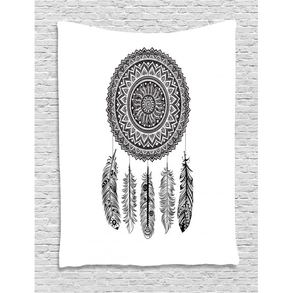 Feather Tapestry, Ethnic Dream Catcher with Blooming Foliage Leaves with Hanging Aztec Quills, Wall Hanging for Bedroom Living Room Dorm Decor, 60W X 80L Inches, Black and White, by Ambesonne