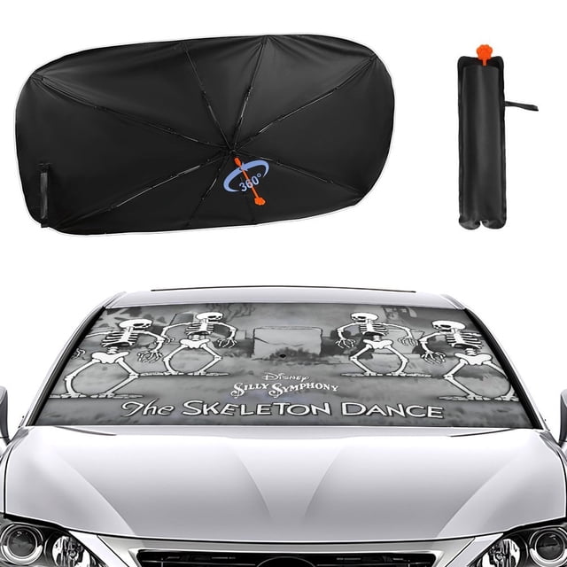 Baile de la Familia Esqueleto Espeluznante Sombrilla Solar para Auto - Protector de Parabrisas Plegable | Cortina Solar Delantero | Bloqueo UV y Aislamiento de Calor 133x73cm