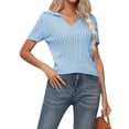 thumbnail image 3 of Women'S Collared Cable Short Sleeve Sweaters Tops Solid V Neck Knit Casual Soft Pullover Shirt Light Blue XL, 3 of 9