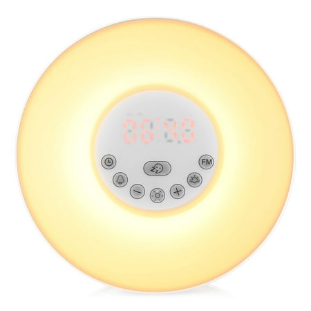 Sunrise Alarm Clock Light - Wake-Up Light Alarm Clock 7 Colors Light - Nature Sounds - FM Radio - Touch Control and USB Charger, White