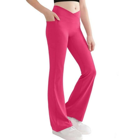 Girls Sweatpants Solid Color High Waisted Yoga Pants Soft Stretchy Workout Leggings for Kids Comfortable Hot Pink 6 Years-7 Years