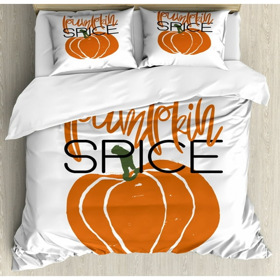 Pumpkin Spice Duvet Cover Set King Size, Cheery Autumn Pumpkin Drawing Harvest Season Thanksgiving, Decorative 3 Piece Bedding Set with 2 Pillow Shams, Olive Green and Vermilion, by Ambesonne