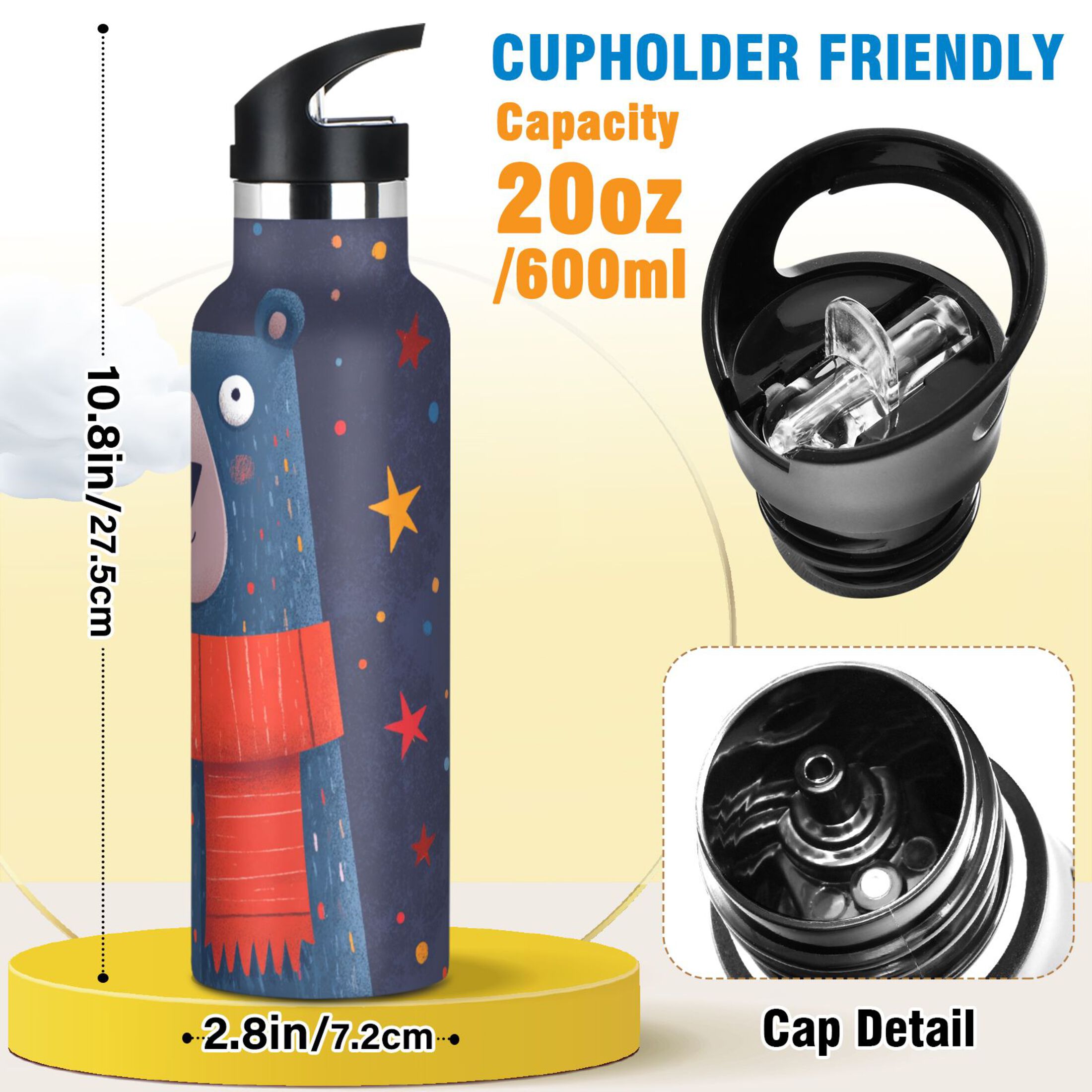 600ML Stainless Steel Insulated Cup Sports Water Bottle Portable Thermos Cup Water Glasses Insulated Tumblers Convenient and Durable Christmas Blue Bear