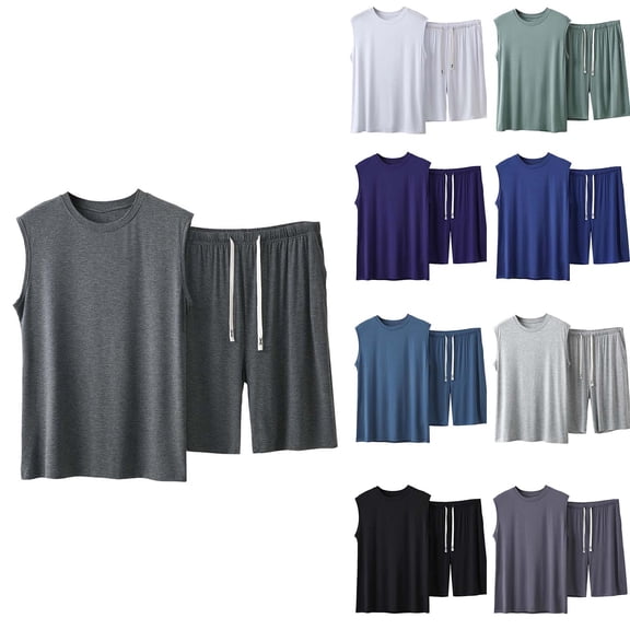 Men's 2 Piece Pajama Sets Cotton Sleeveless Tank Top Drawstring Elastic Waisted Shorts Summer Pjs Sleepwear (XL, Dark Gray)