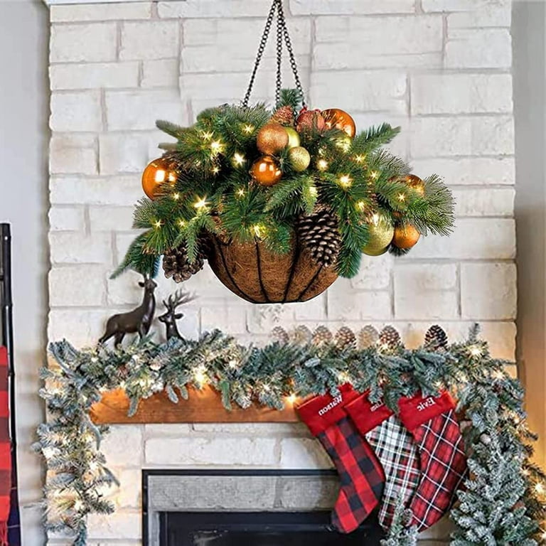 Artificial Christmas Hanging Basket, Decorated with Frosted Pine Cones,  Christmas Ornaments Hanging Basket Christmas Decorations for Front Door  Wall