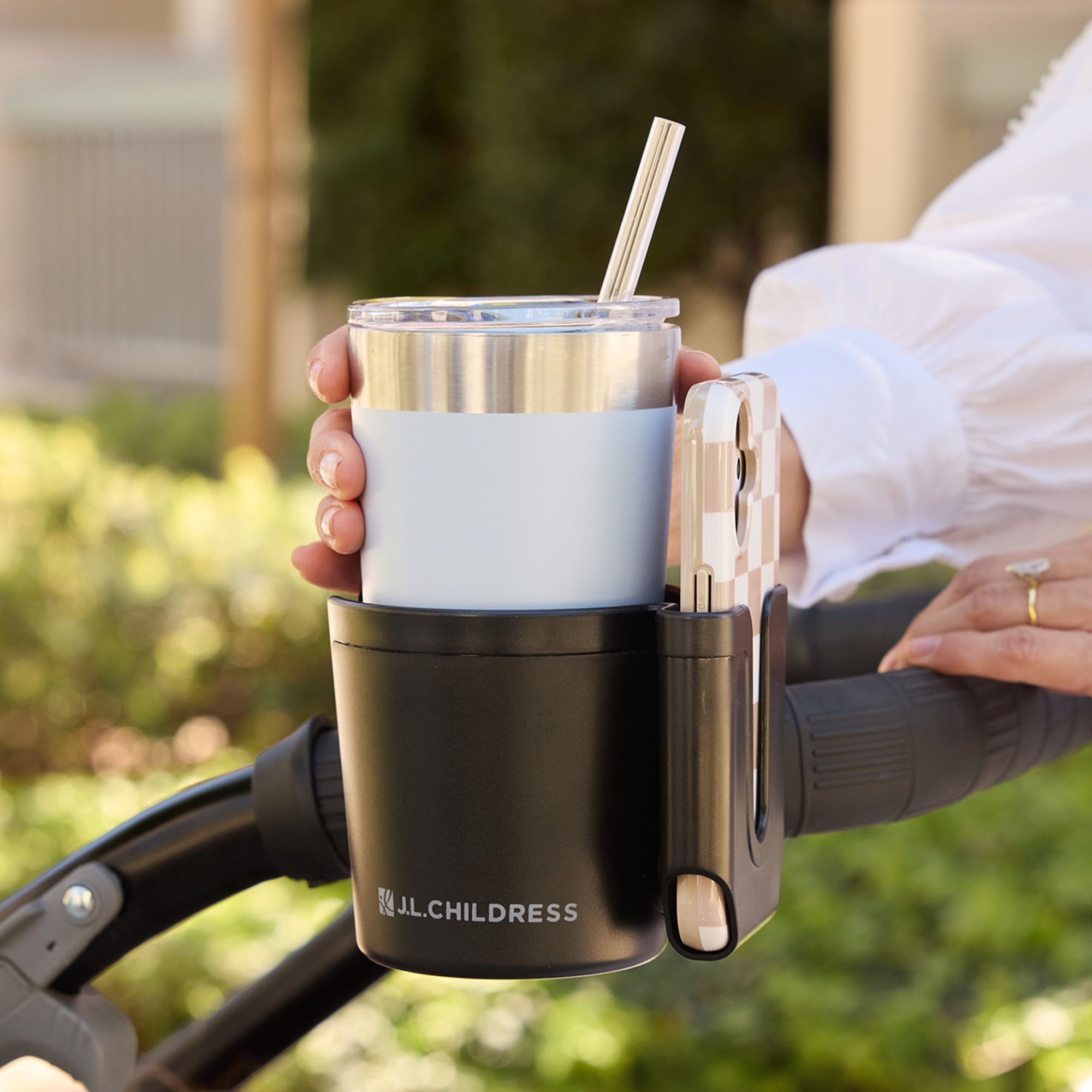 J.L. Childress Stroller Cup & Phone Holder - Universal for Baby Strollers & Wagons, Bikes, Wheelchairs & More - Black