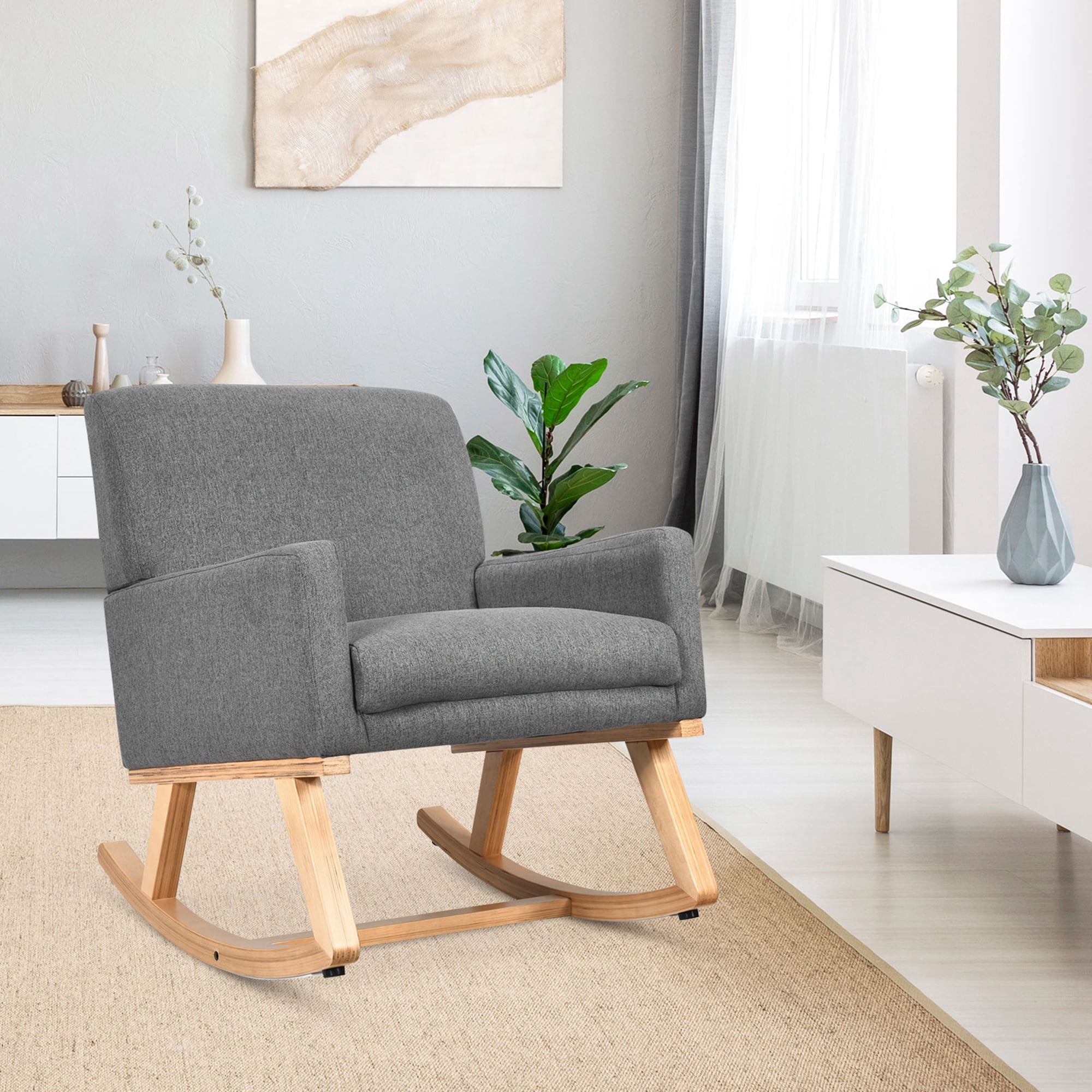 Gymax Mid Century Accent Armchair Fabric Rocking Chair Upholstered Lounge Chair Gray