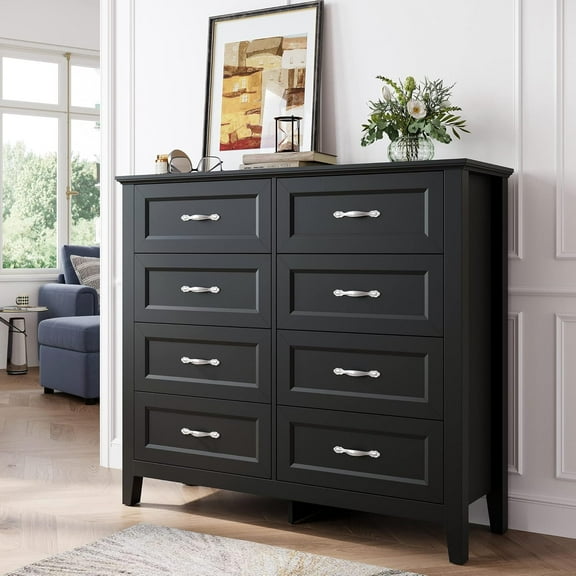 8 Drawers Dresser for Bedroom, Black Wood Dresser with Metal Handle, Farmhouse Tall Chest of Drawers with 1 pcs Fabric Divider Organizer, Storage Organizer for Living Room, Closet, Hallway