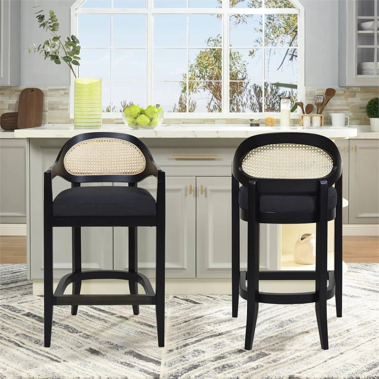 Rattan Counter Height Bar Stools Set of 2,Rattan Farmhouse Barstools with Wood Legs, Americana Mid Century Modern Bar Chairs for  Island Dining and Counter, Jet Black