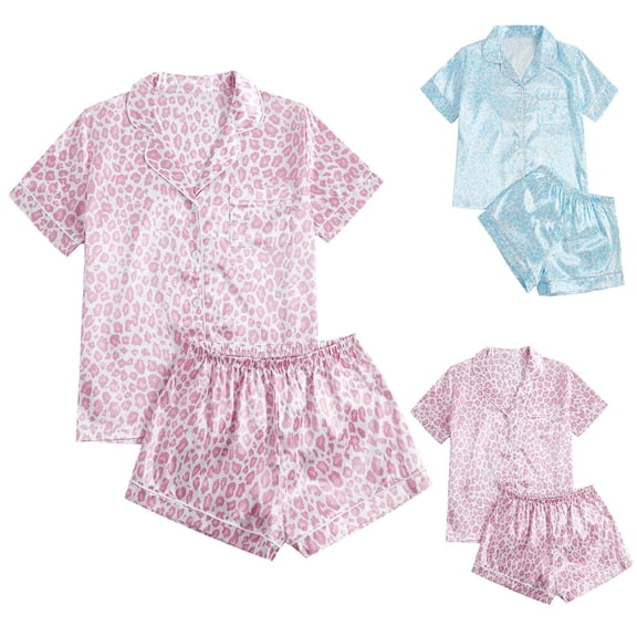 Leopard Pajamas for Women Shorts Set Silk Satin Sleepwear with Short Sleeve Button Down Pink Size XL