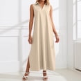 thumbnail image 2 of DHFJKG Summer Dresses For Women Beach Long Dress Sleeveless Turndown Collar Loose Fit Solid Color Flowy A-Line Side Slit Sundress Stylish Dresses, 2 of 7