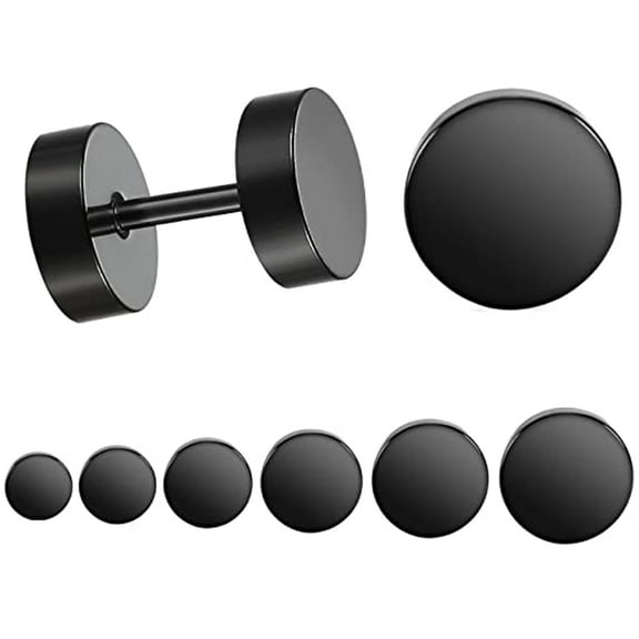 Limei 5 Pairs Black Stud Earrings Men Women Faux Gauges Ear Tunnel Stainless Steel Earrings 3mm 4mm 5mm 6mm 8mm 10mm 12mm 14mm