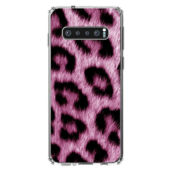 DistinctInk Clear Shockproof Hybrid Case for Samsung Galaxy S10  PLUS(6.4" Screen) - TPU Bumper, Acrylic Back, Tempered Glass Screen Protector - Pink Black Leopard Fur Skin Print
