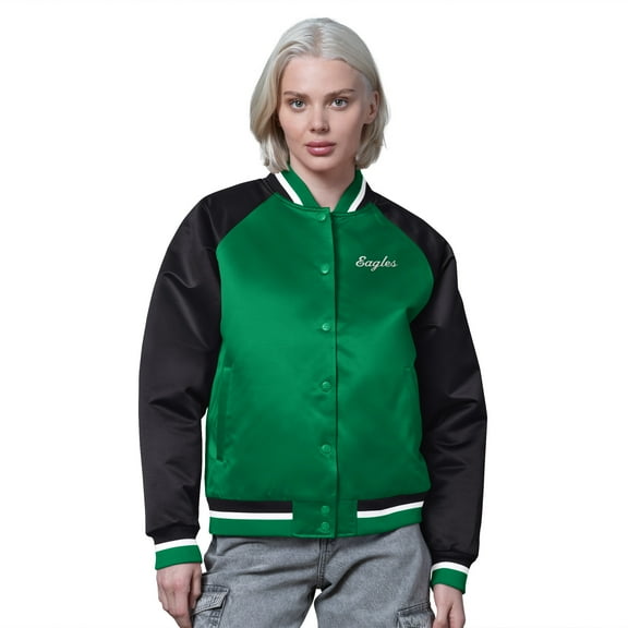 Women's Starter Kelly Green/Black Philadelphia Eagles Satin Full-Snap Vintage Varsity Jacket