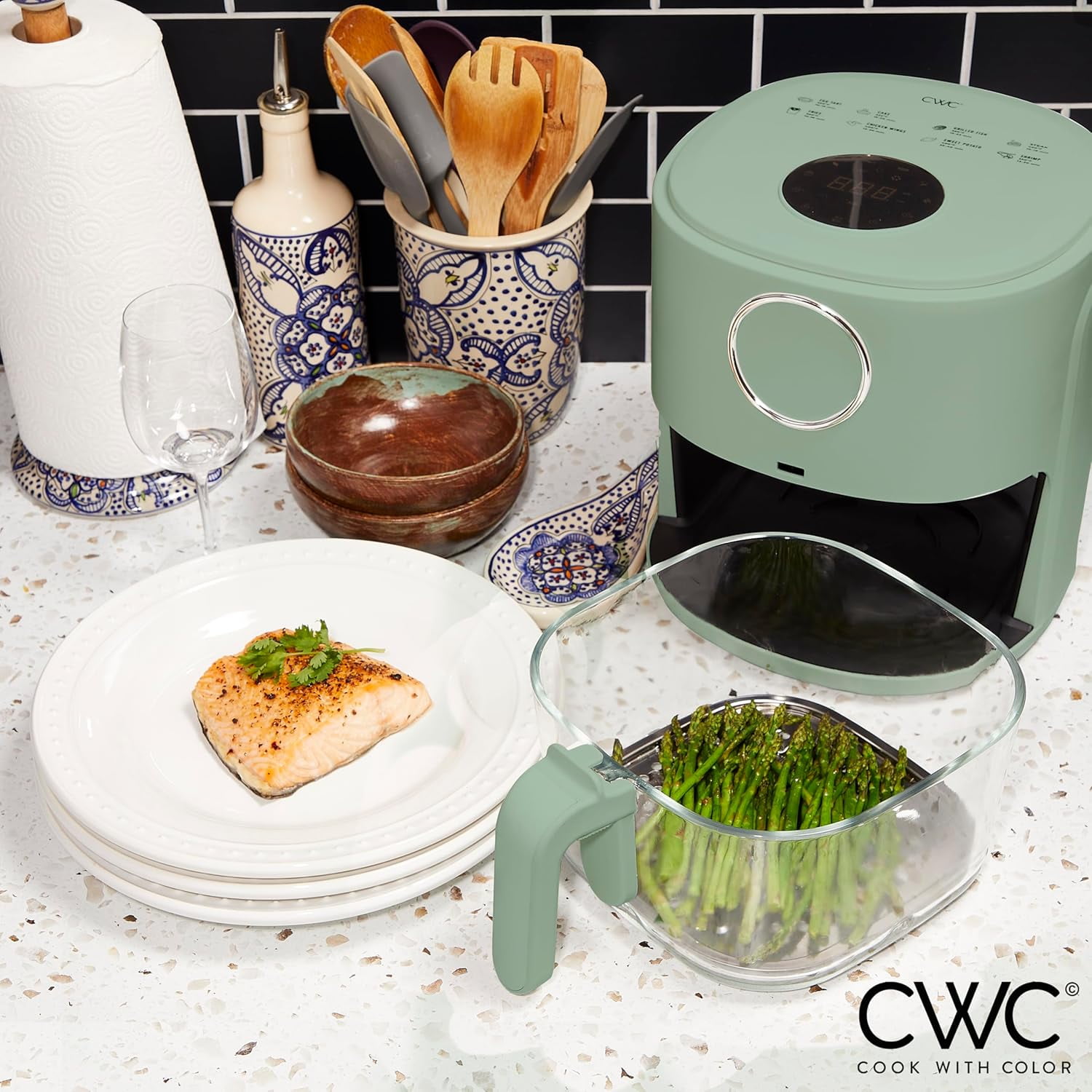 COOK WITH COLOR Air Fryer, 4Qt Glass Air Fryer, Stylish Kitchen Appliance, Green