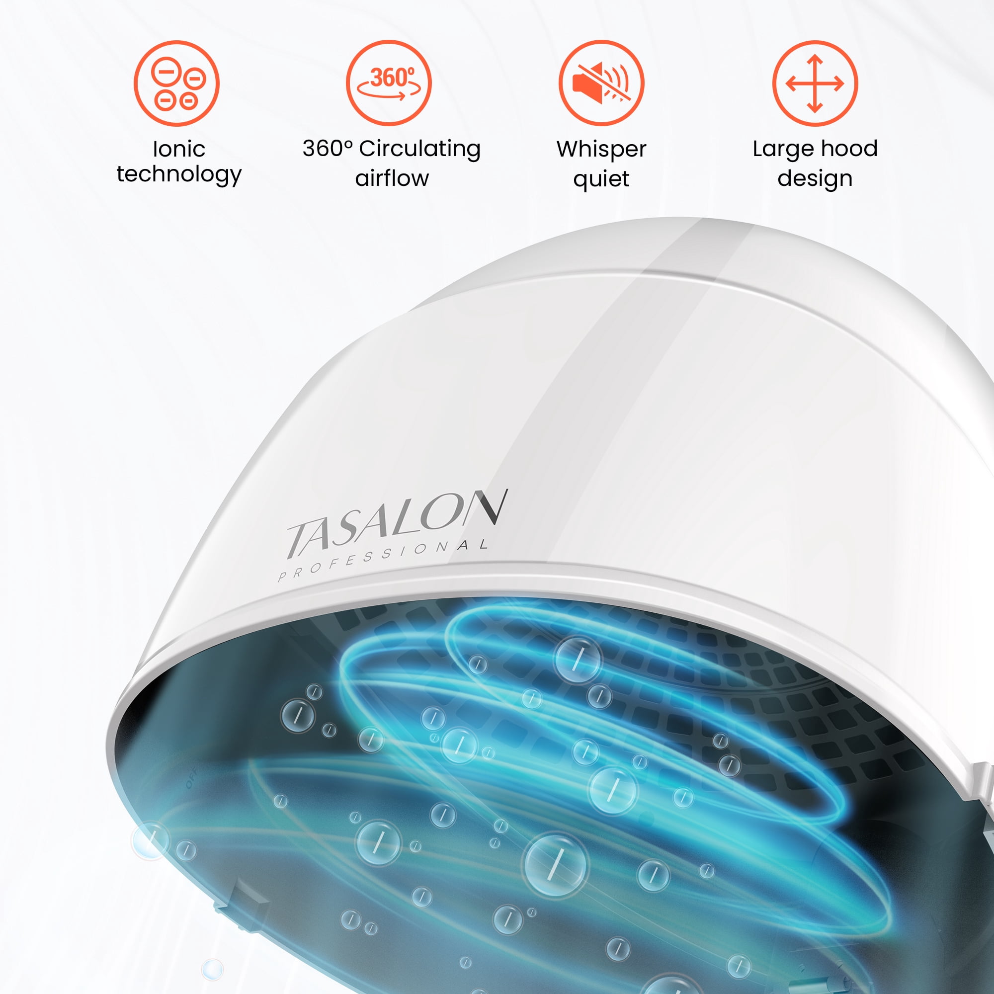 TASALON 1875W Ionic Hooded Hair Dryer with 3 Heat Settings, Professional Sit-Under Dryer for Home & Salon, Portable Ceramic Hair Dryer Bonnet,White