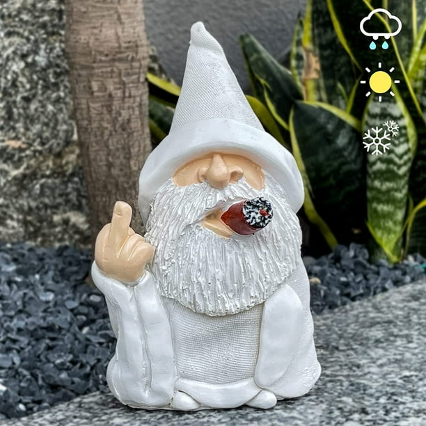 Estatua divertida del gnomo del jardín, gnomo del mago que fuma del dedo medio, anciano genial con barba blanca, decoración de escultura de jardín traviesa de 15 cm JAMW Sencillez