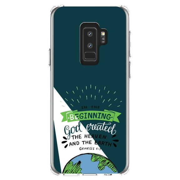 DistinctInk Clear Shockproof Hybrid Case for Samsung Galaxy S9 PLUS (6.2" Screen) - TPU Bumper, Acrylic Back, Tempered Glass Screen Protector - Genesis 1:1 - God Created the Heaven & the Earth