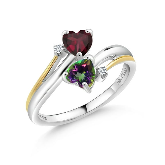 Gem Stone King 925 Silver and 10K Yellow Gold Red Rhodolite Garnet Green Mystic Topaz and White Lab Grown Diamond 2 Heart Promise Couple Engagement Mother Ring (1.17 Cttw, Size 6)