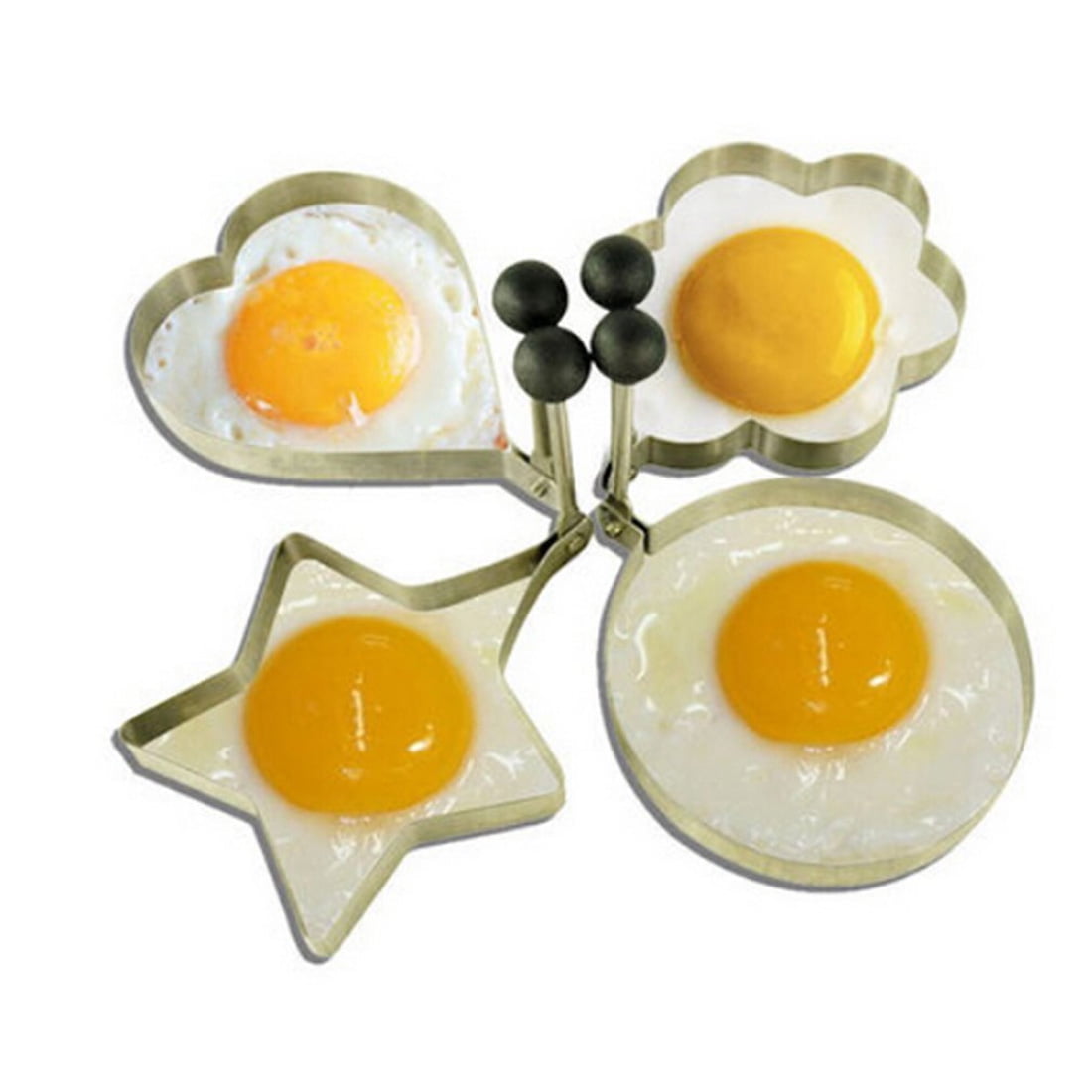 4 Pc Egg Mold Round Metal Non Stick Ring 3.5 Wood Handle Pancake Kitchen Tool