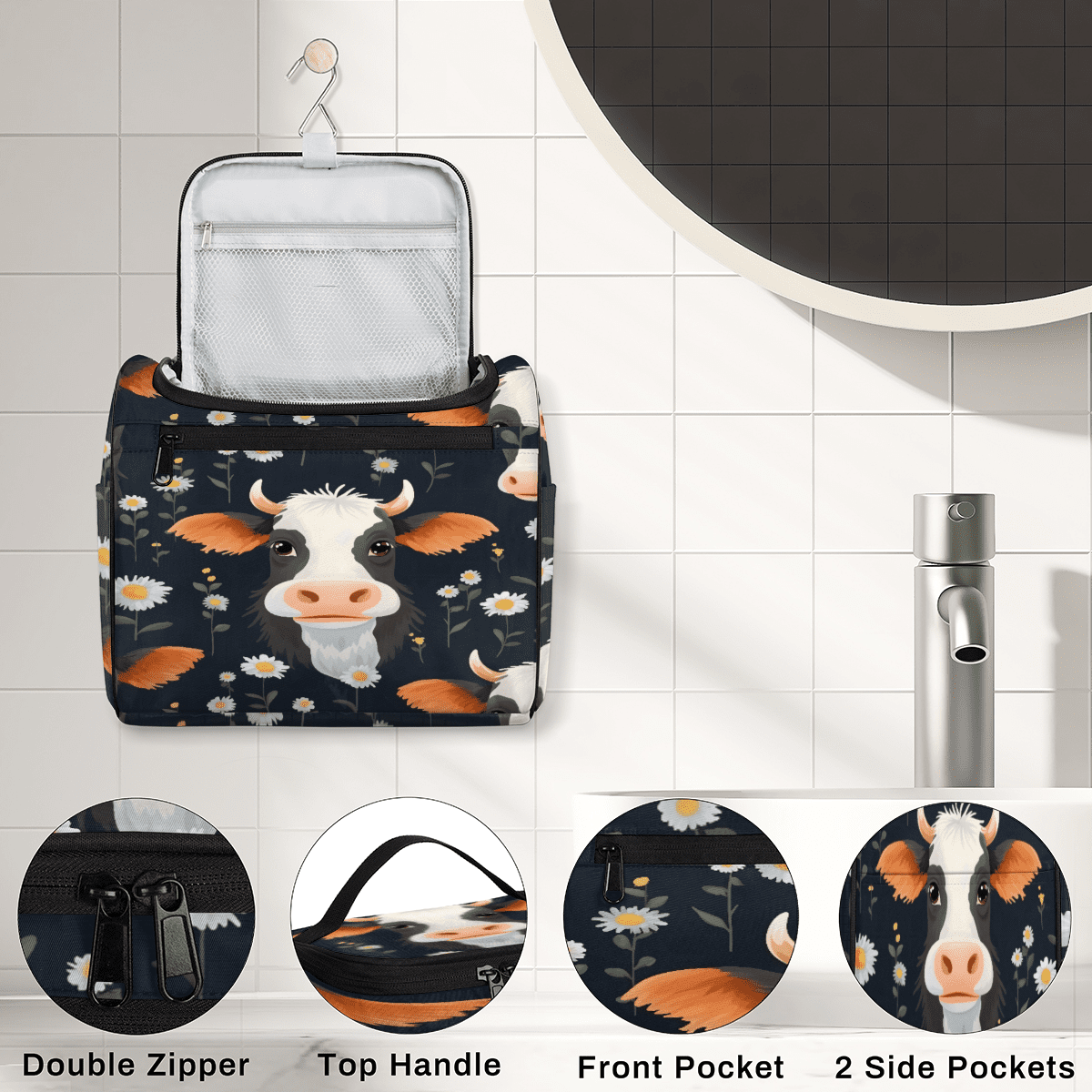 Herdesigns Floral Cow Toiletry Bag for Women, Travel Makeup Bag, Waterproof Hanging Cosmetic Organizer for Toiletries & Makeup Essentials