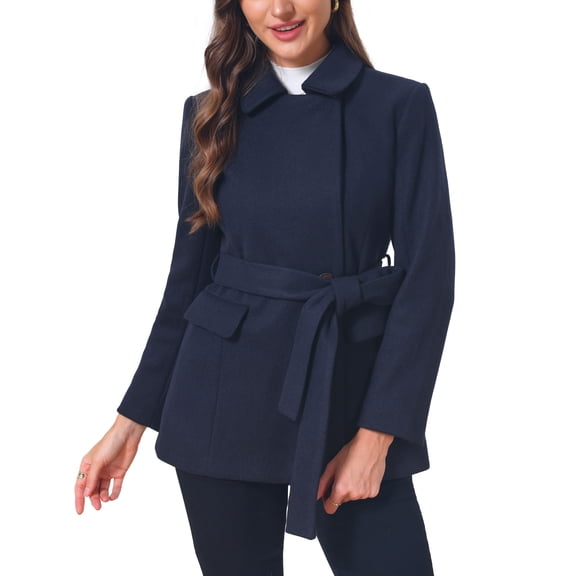 INSPIRE CHIC Women's Short Pea Coat Winter Warm Peter Pan Collar Double Breasted Belted Overcoat Jacket Slim Fit Work Outerwear XS Navy Blue