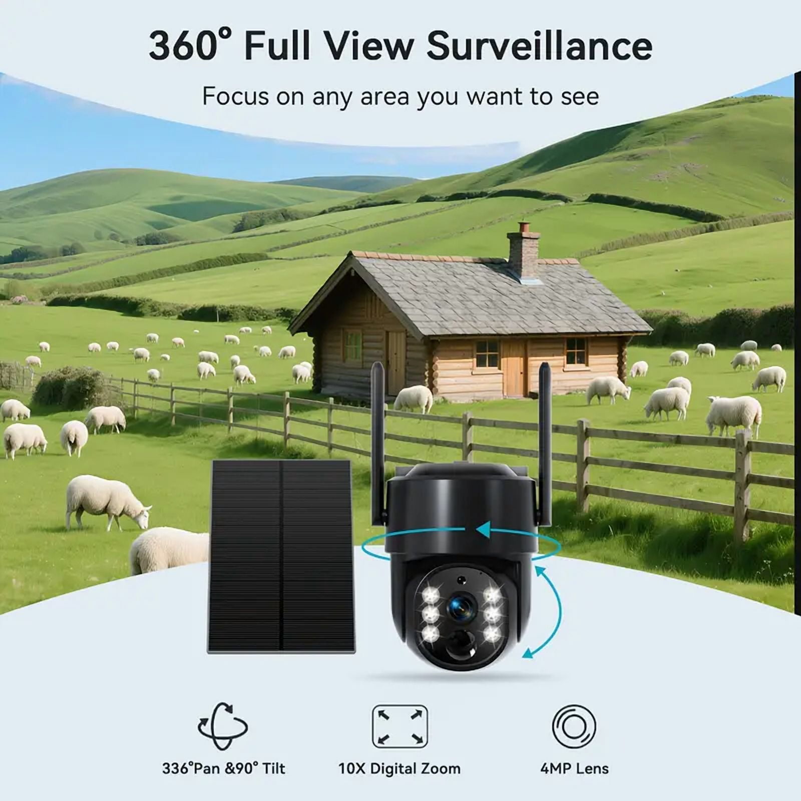 4G LTE Cellular Solar Security Camera, No WiFi Solar Powered Security Camera Outdoor, 360° Live View, 2K Color Night Vision, PIR Motion Detection, 2 Way Talk, Built in SIM Card