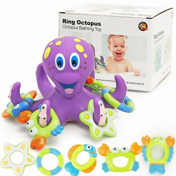 Baby bath water toy - Floating Octopus Toy with 5 Hoopla Rings - Baby Bath Toy for Boys and Girls - 18+ Months - Purple