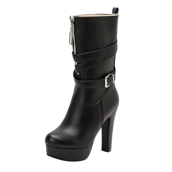 Black Womens Winter Boots With Round Toe And Front Zipper For Casual Wear And Comfort