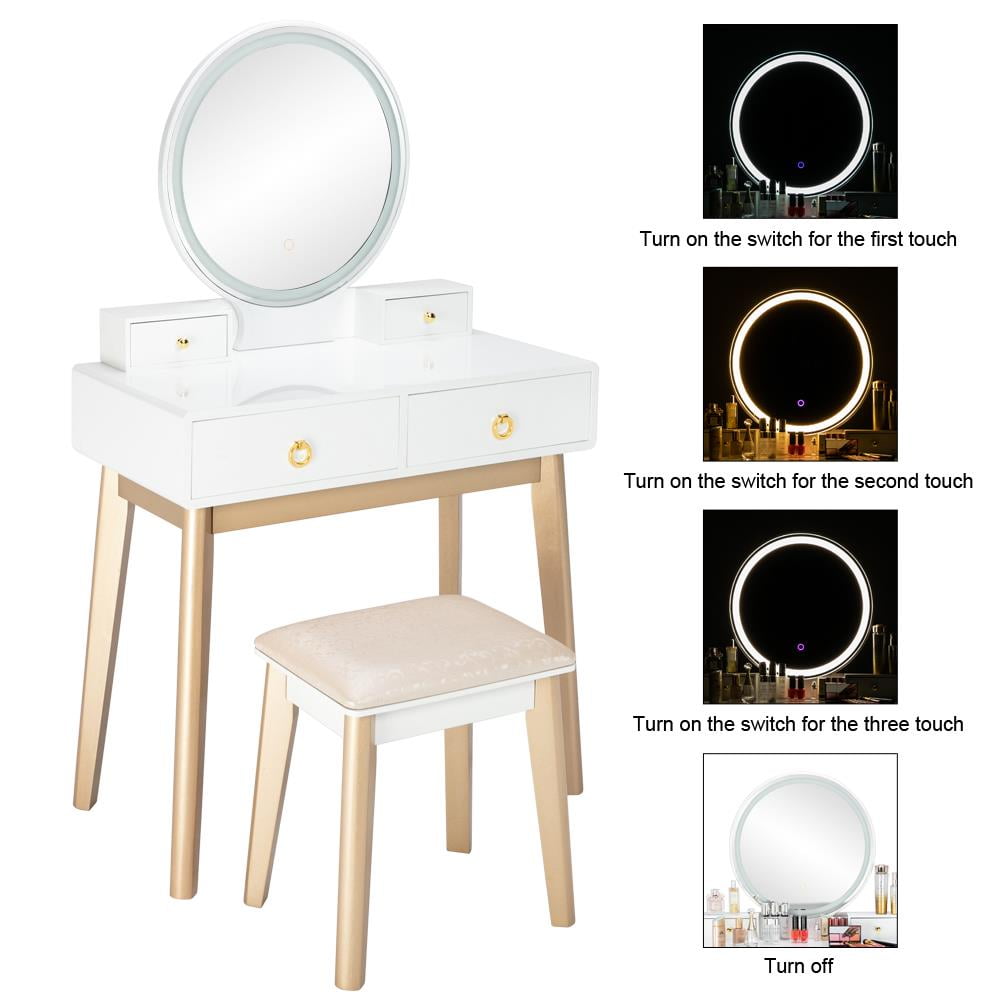 Ktaxon Vanity Table Set with Round Mirror for Girls White Bedroom