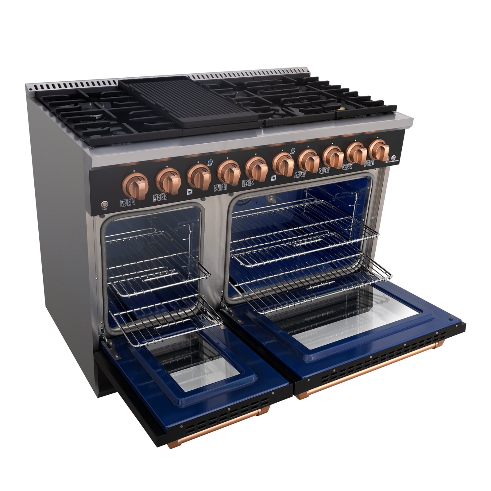 Akicon 48" Slide-in Freestanding Professional Style Gas Range with 6.7 cu. ft. Oven, 8 Burners, Convection Fan, Cast Iron Grates, & Blue Porcelain Oven Interior, Black with Copper