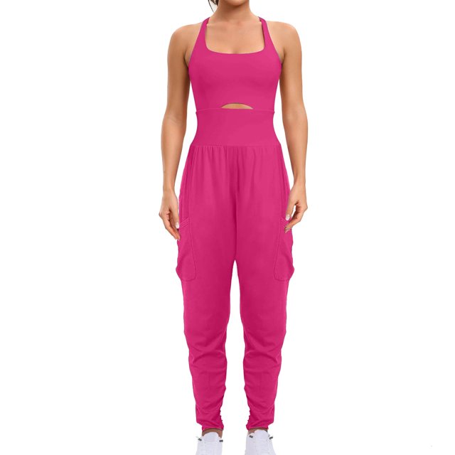 RXIRUCGD Womens Running Onesie Workout Rompers Outfits Exercise Jumpsuits Gym Yoga, Hot Pink, Size: 2XL