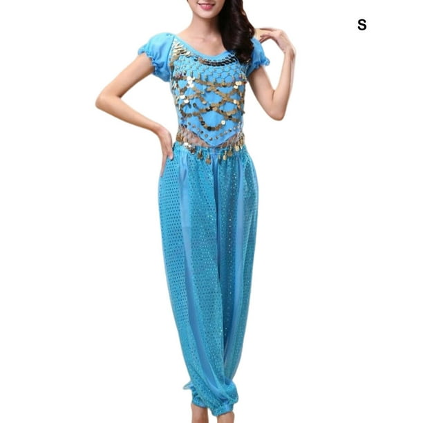 Women Indian Belly Dance Pants Dancing Bellydance Pants For Lace-up Back  Top Costume Set Professional Ladies Bellydance Clothes Girls Lake Blue S 