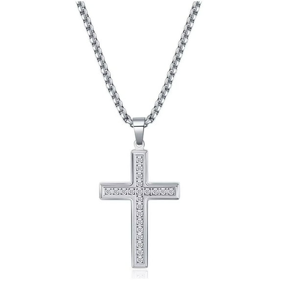 PAMTIER Men's Women's Stainless Steel Cubic Zirconia Inlay High Polished Cross Prayer Pendant Necklace Silver
