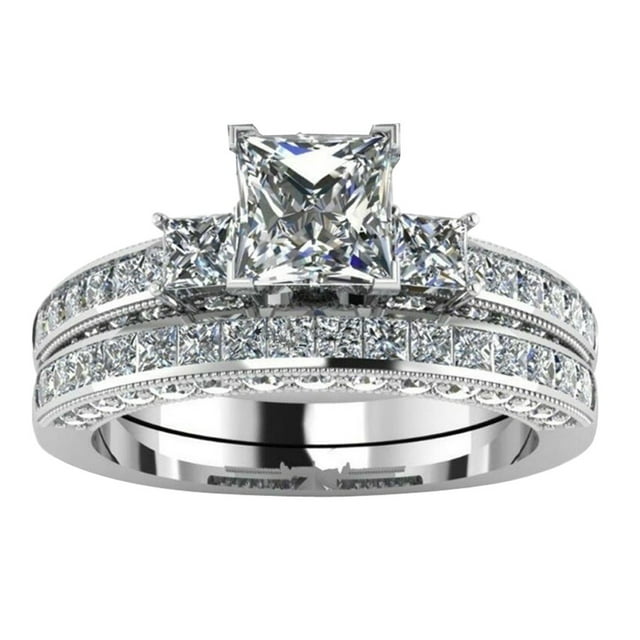 Couple Rings Vintage White Diamond Silver Engagement Wedding Band Ring Set