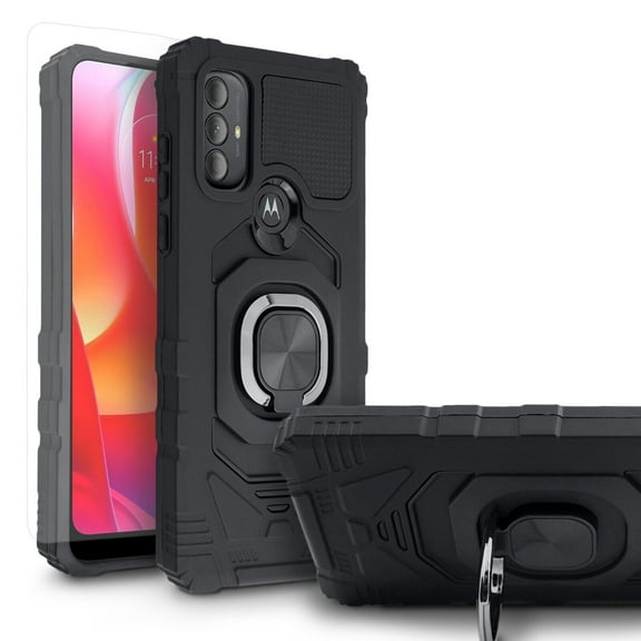For Motorola Moto G Pure / Moto G Power 2022 Case Shockproof Ring Stand Cover With Free Tempered Glass Screen Protector - Black
