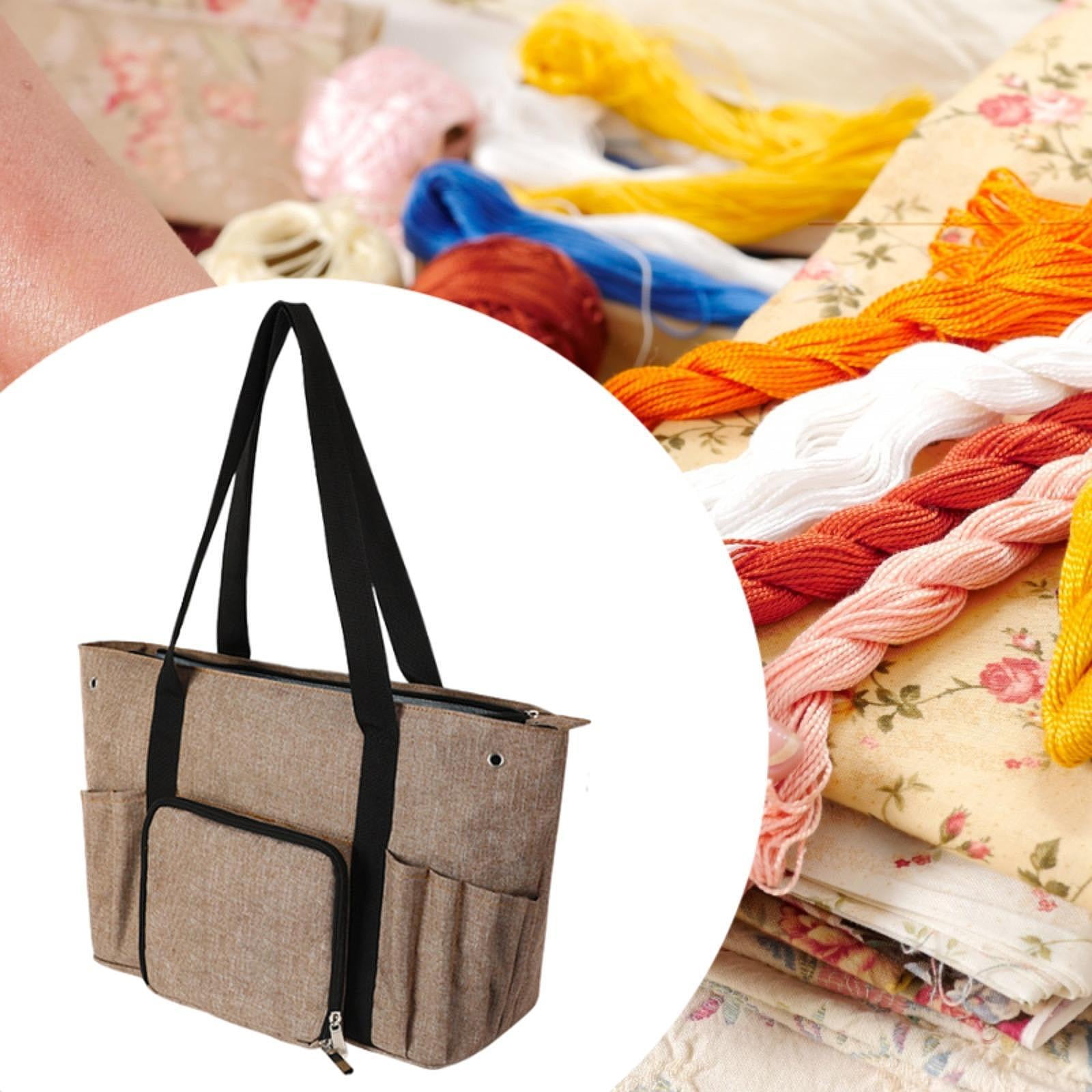 HOMYL Crochet Bag Tote Knitting Crochet Supplies with 2 Holes Empty Yarn Organizer khaki