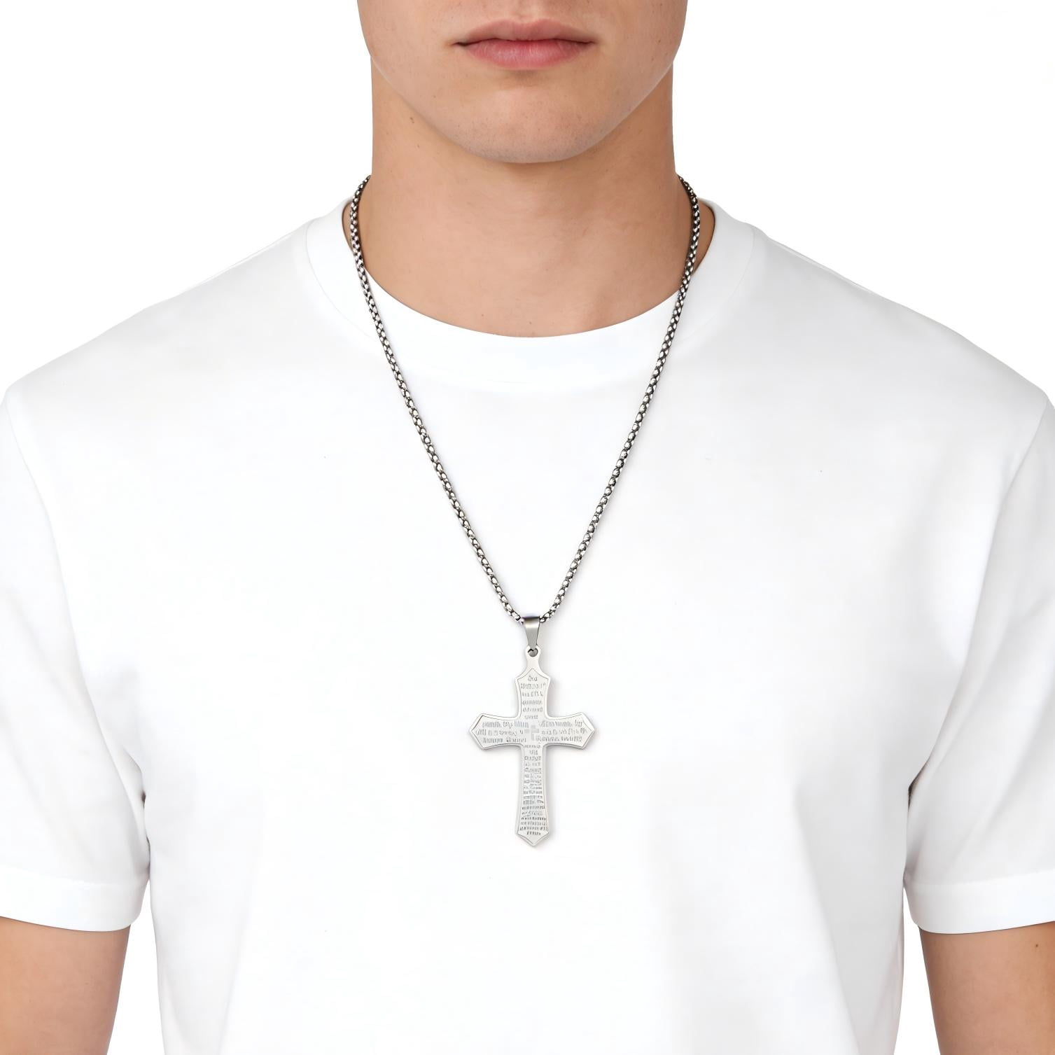 Iron Saints Men Lord's Prayer Cross Necklace, Stainless Steel, Christian Religious Men Gift